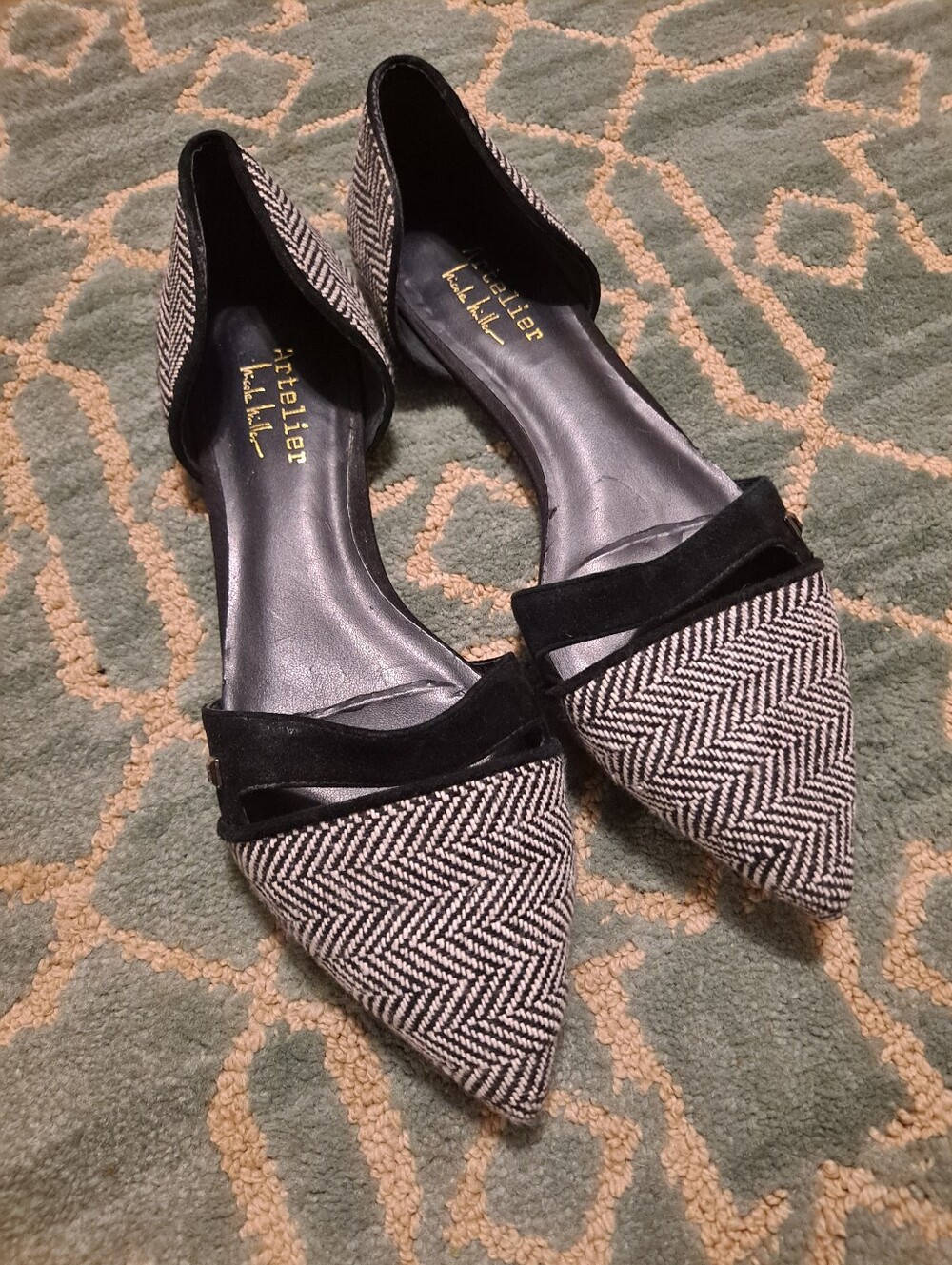 Artelier Nicole Miller Black and White Herringbone Pointed D'Orsay Flats